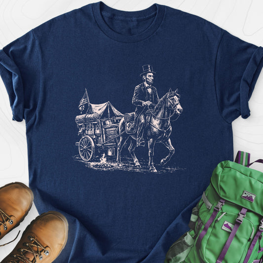 Frontier Wagon Camp Navy front print lightweight T-shirt