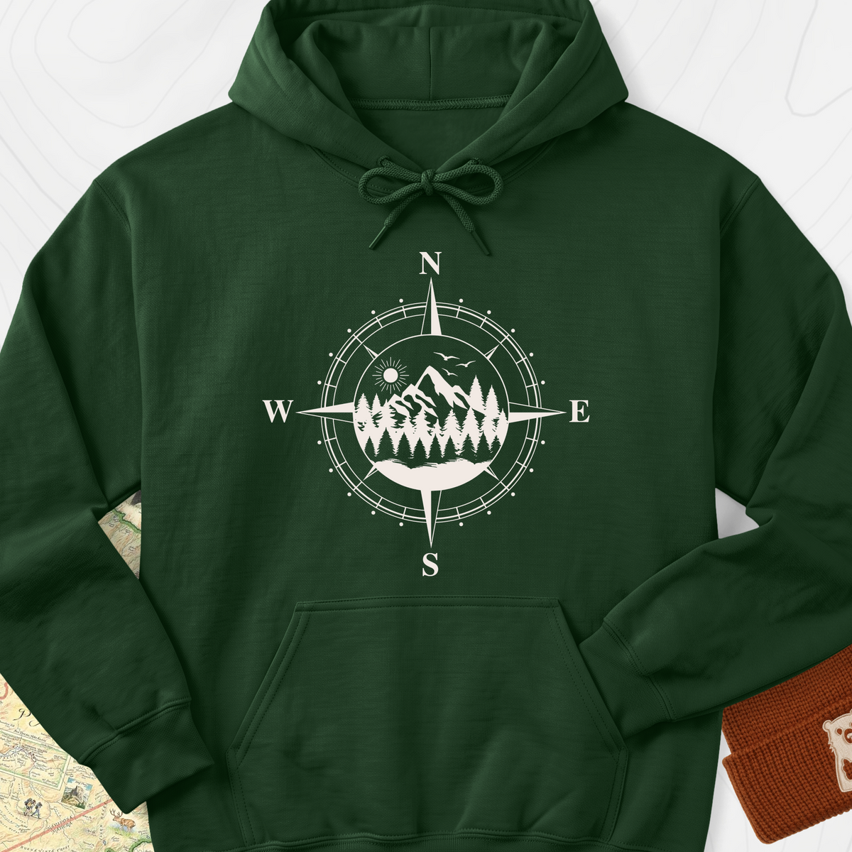 Compass in the Mountains Hoodie - Forest Green