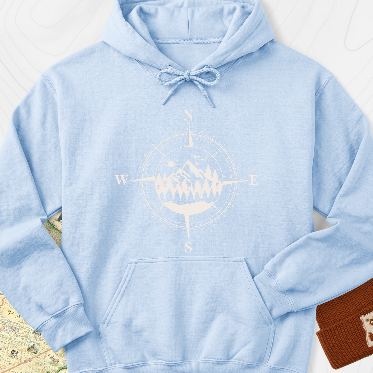 Compass in the Mountains Hoodie - Light Blue