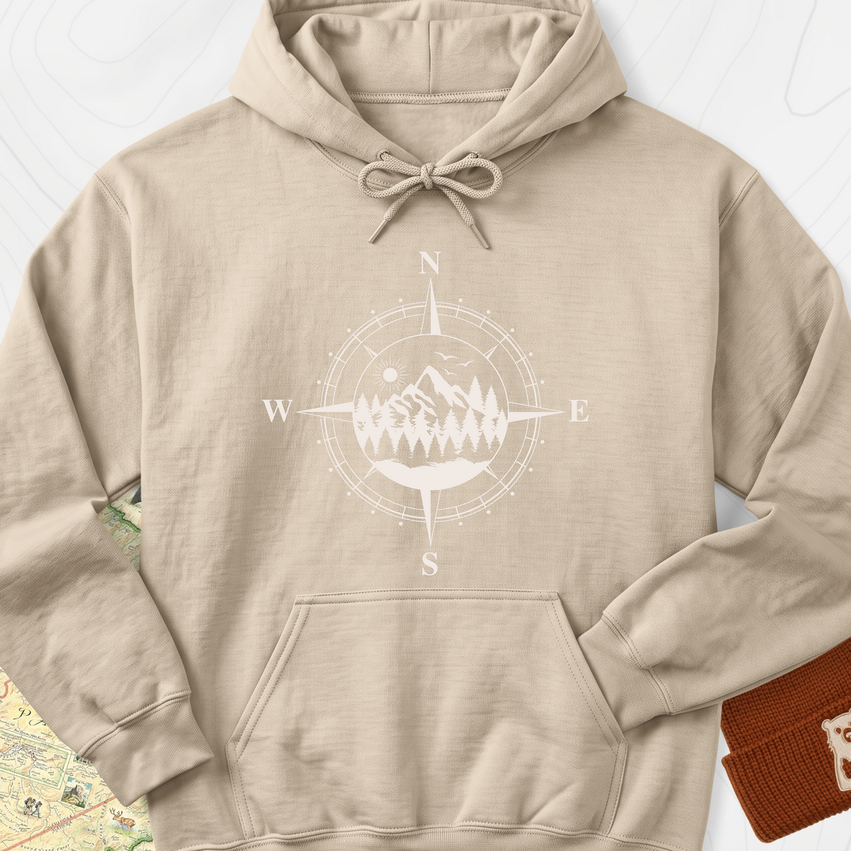 Compass in the Mountains Hoodie - Sand