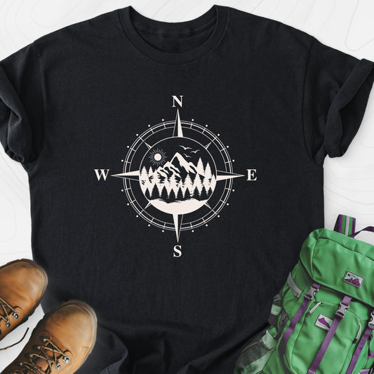 Compass in the Mountains Black front print lightweight T-shirt