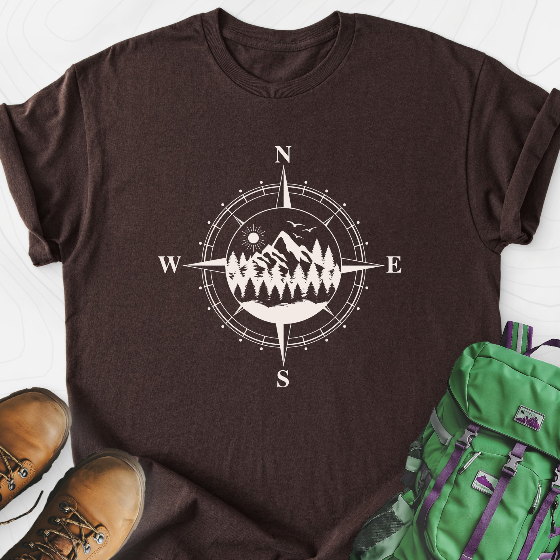 Compass in the Mountains Dark Chocolate front print lightweight T-shirt