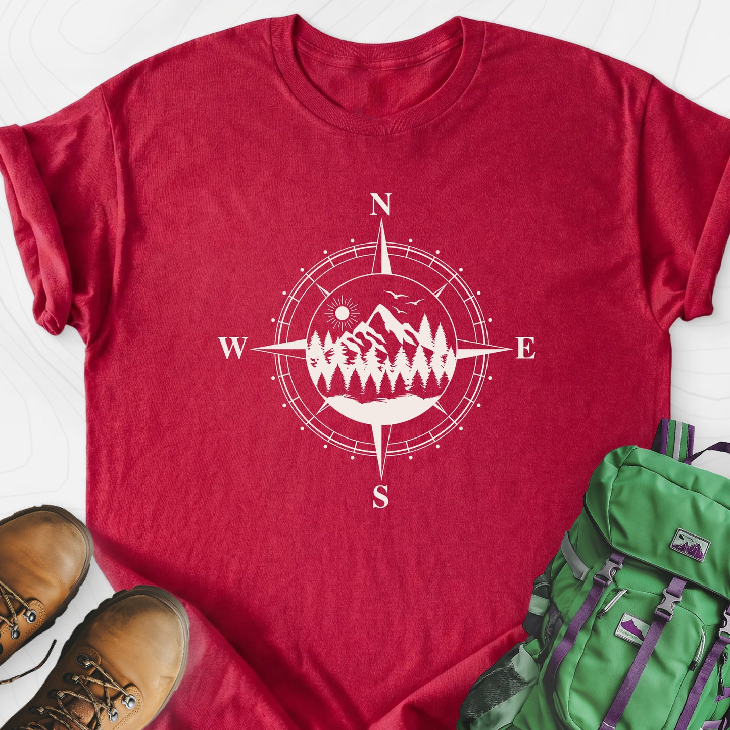 Compass in the Mountains Heather Red front print lightweight T-shirt