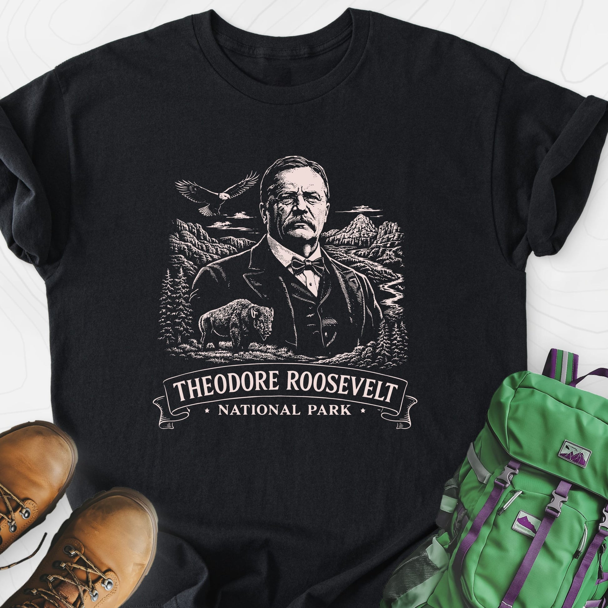 Roosevelt Mountain Badge Black front print lightweight T-shirt
