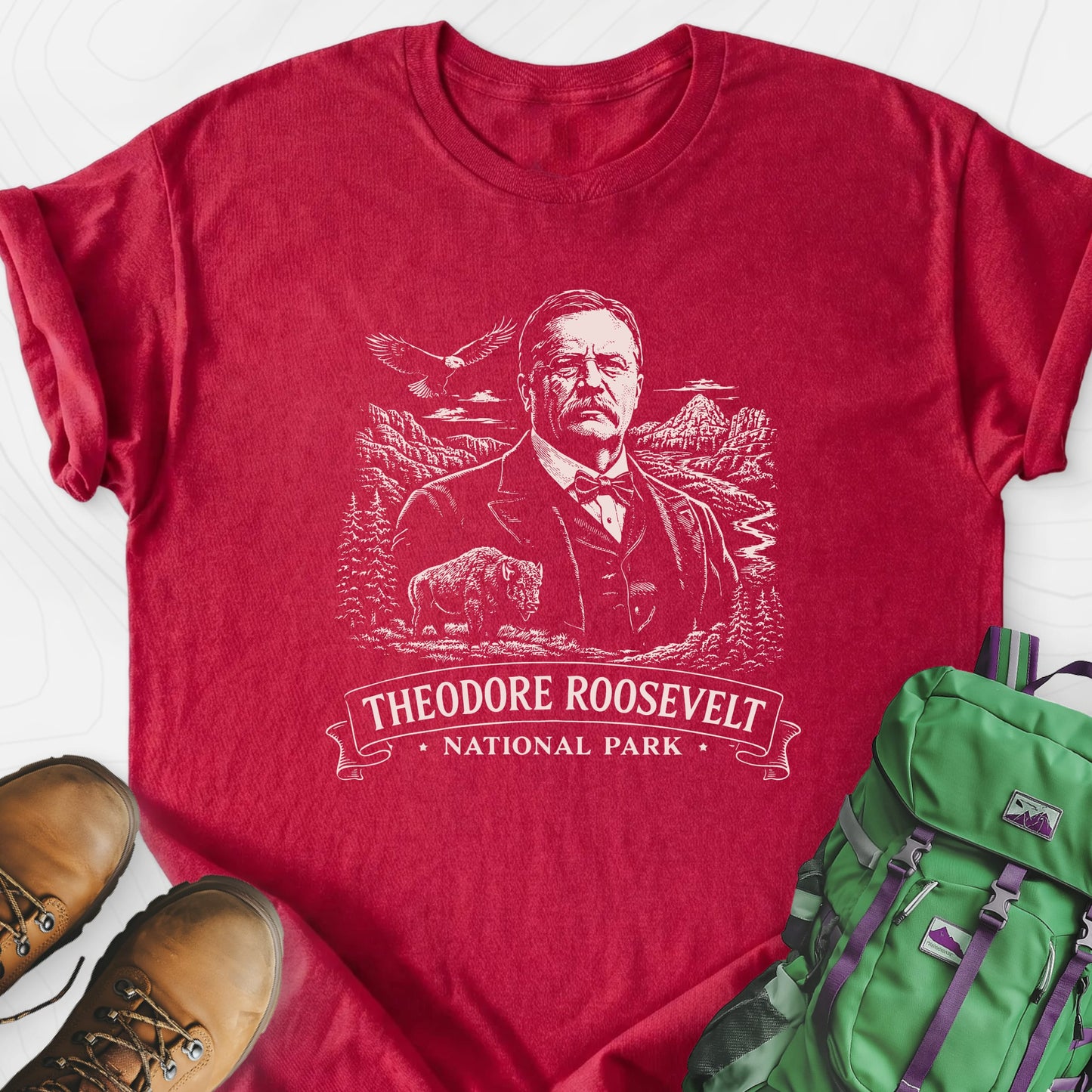 Roosevelt Mountain Badge Heather Red front print lightweight T-shirt