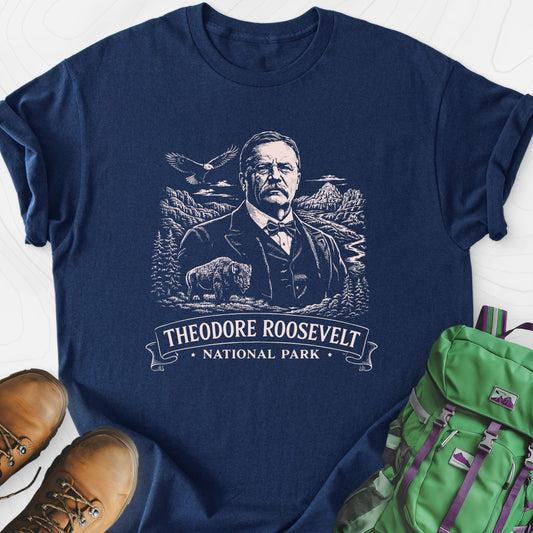 Roosevelt Mountain Badge Navy front print lightweight T-shirt