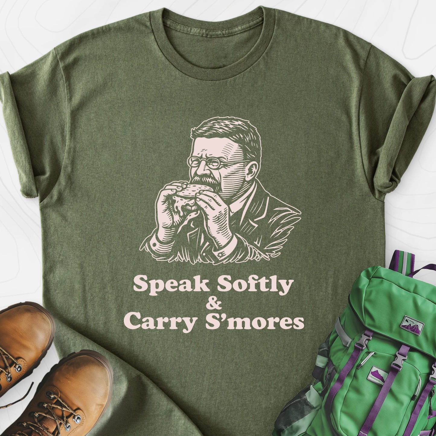 Roosevelt S’mores Military Green front print lightweight T-shirt