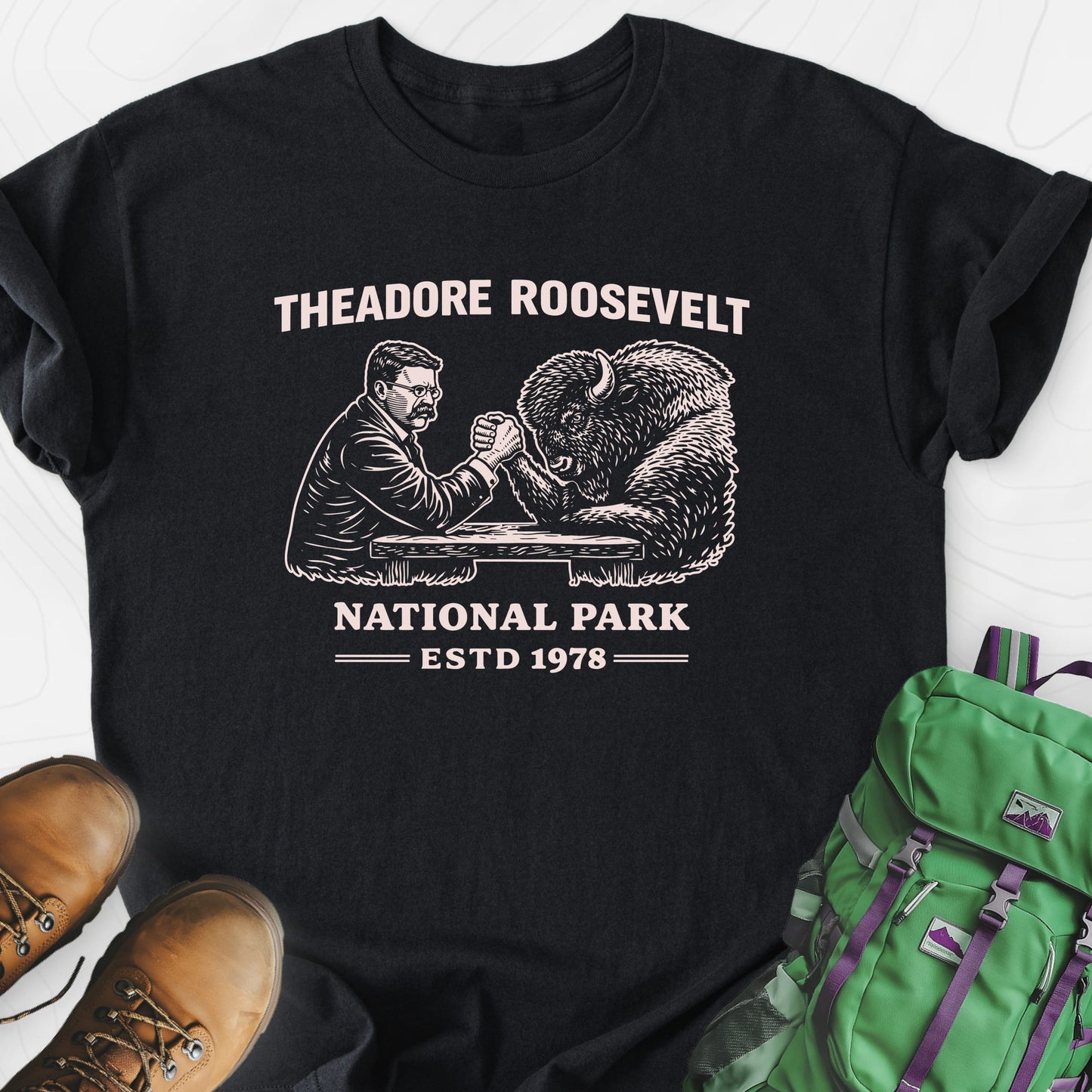 Roosevelt Bison Arm Wrestle Black front print lightweight T-shirt