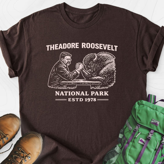 Roosevelt Bison Arm Wrestle Dark Chocolate front print lightweight T-shirt