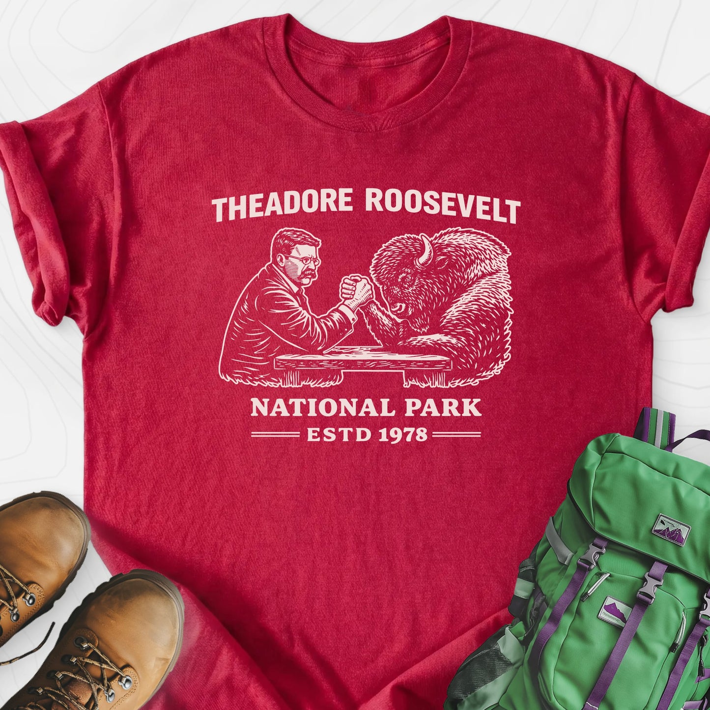 Roosevelt Bison Arm Wrestle Heather Red front print lightweight T-shirt