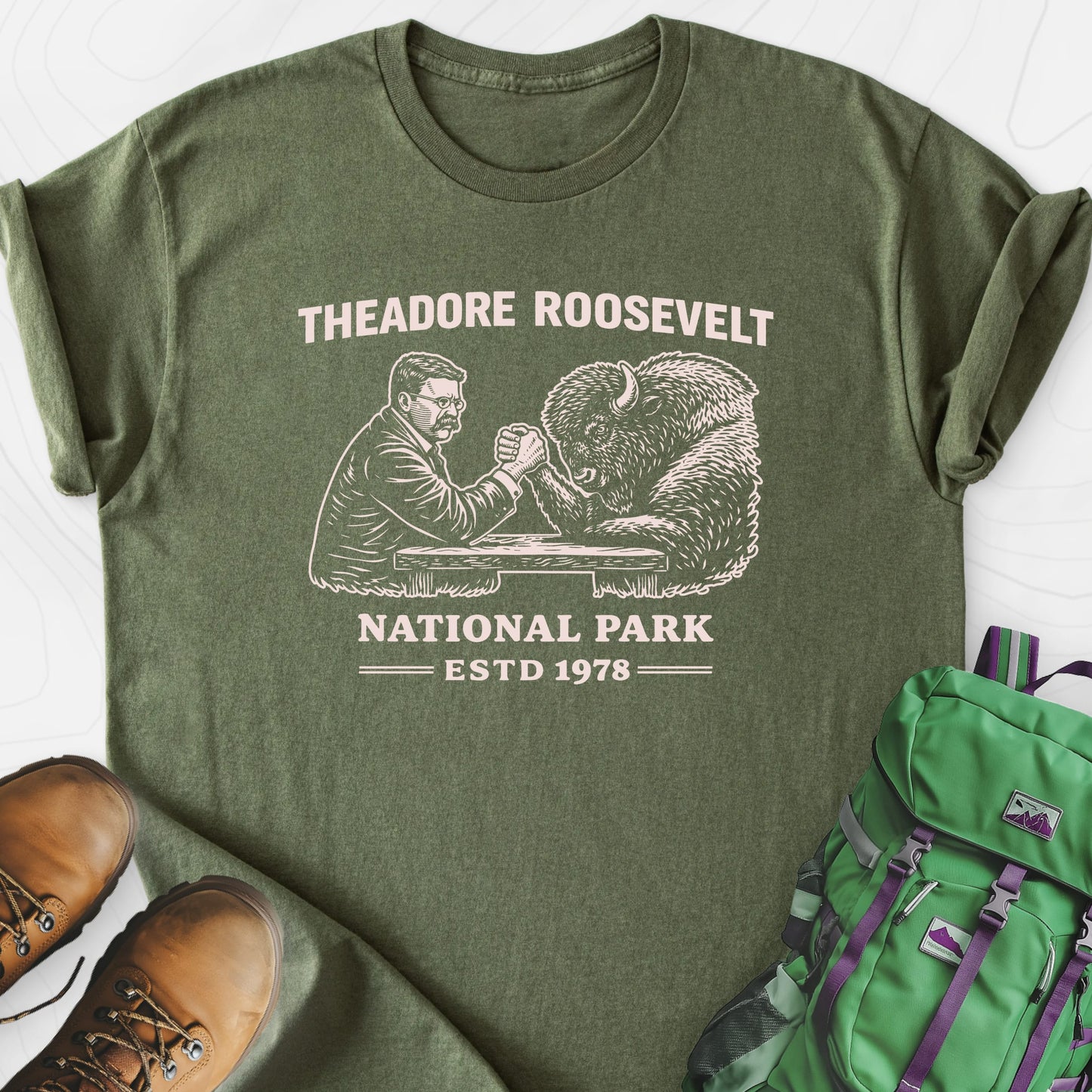 Roosevelt Bison Arm Wrestle Military Green front print lightweight T-shirt