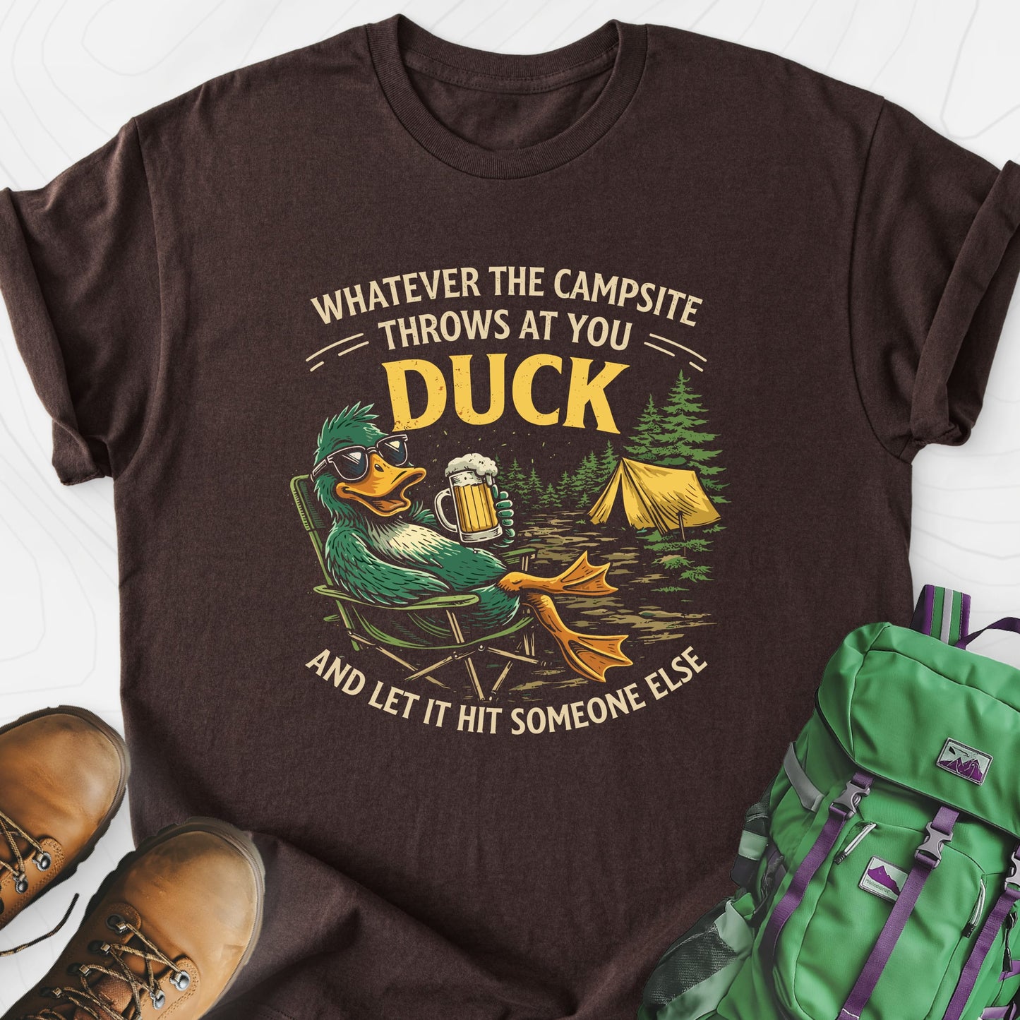 Duck and Let It Hit Dark Chocolate front print lightweight T-shirt