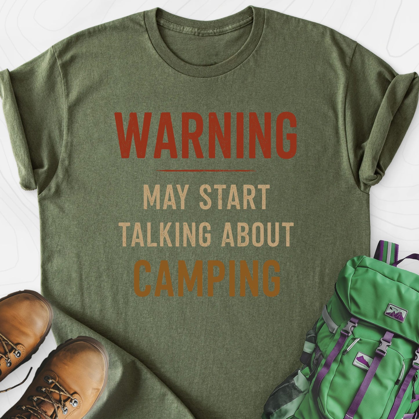 Camping Warning Military Green front print lightweight T-shirt