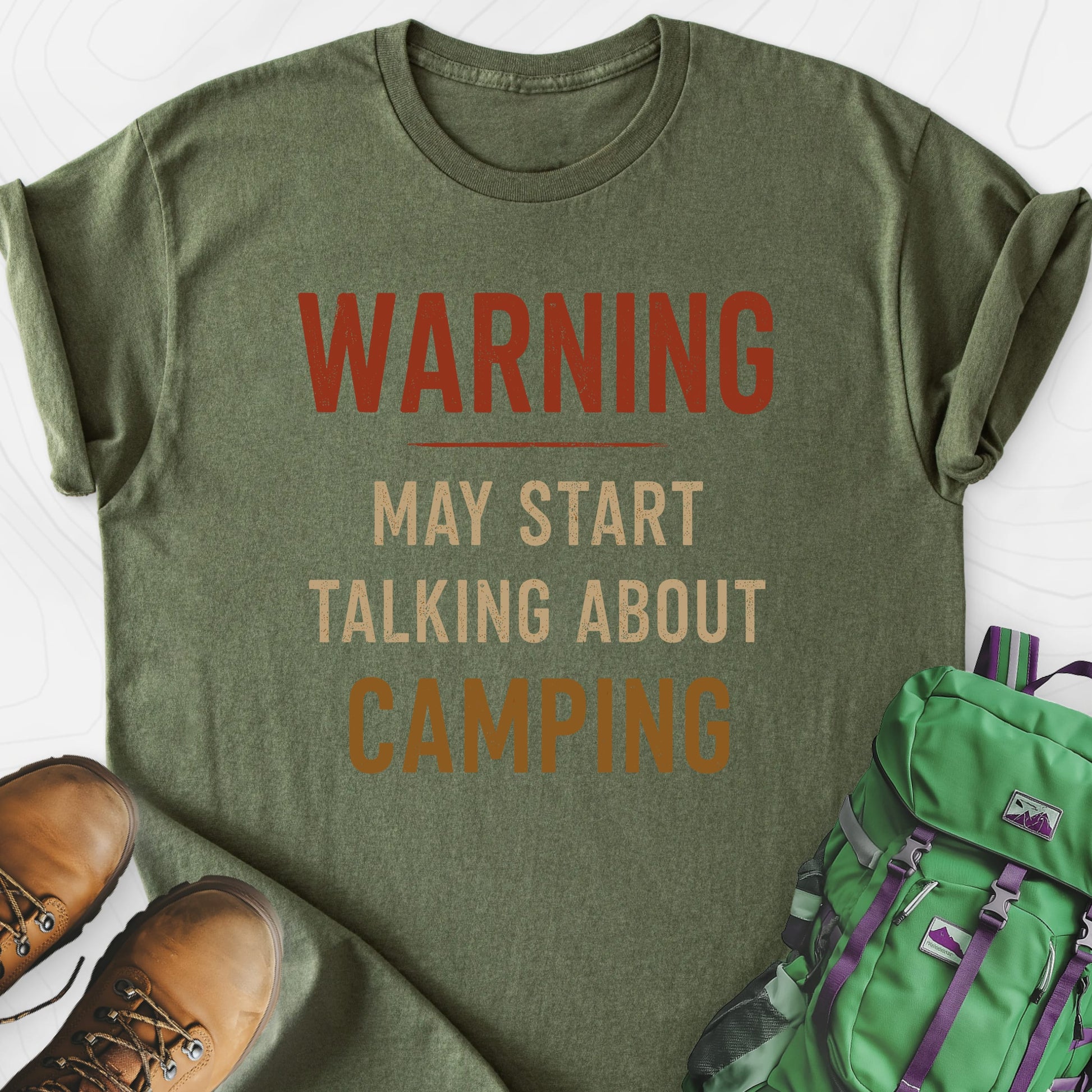 Camping Warning Military Green front print lightweight T-shirt
