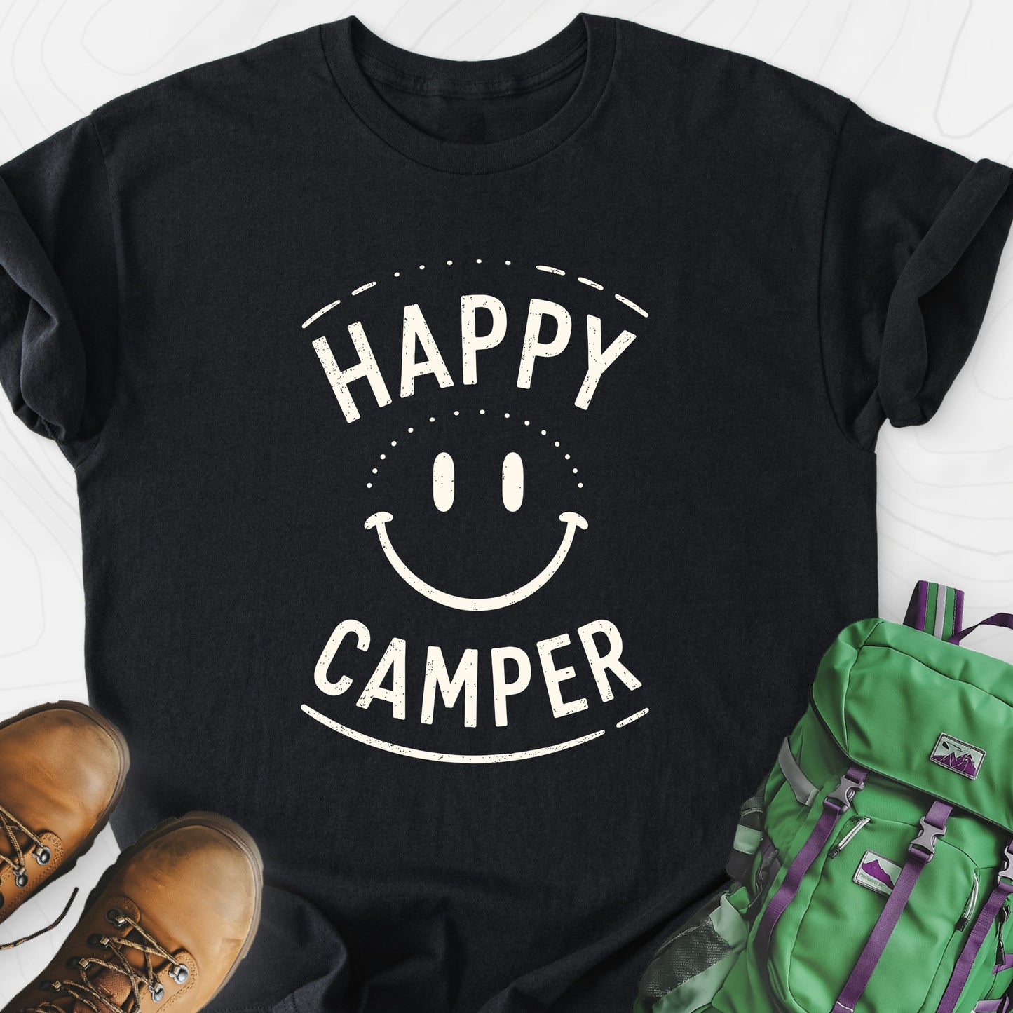Happy Camper Smile Black front print lightweight T-shirt