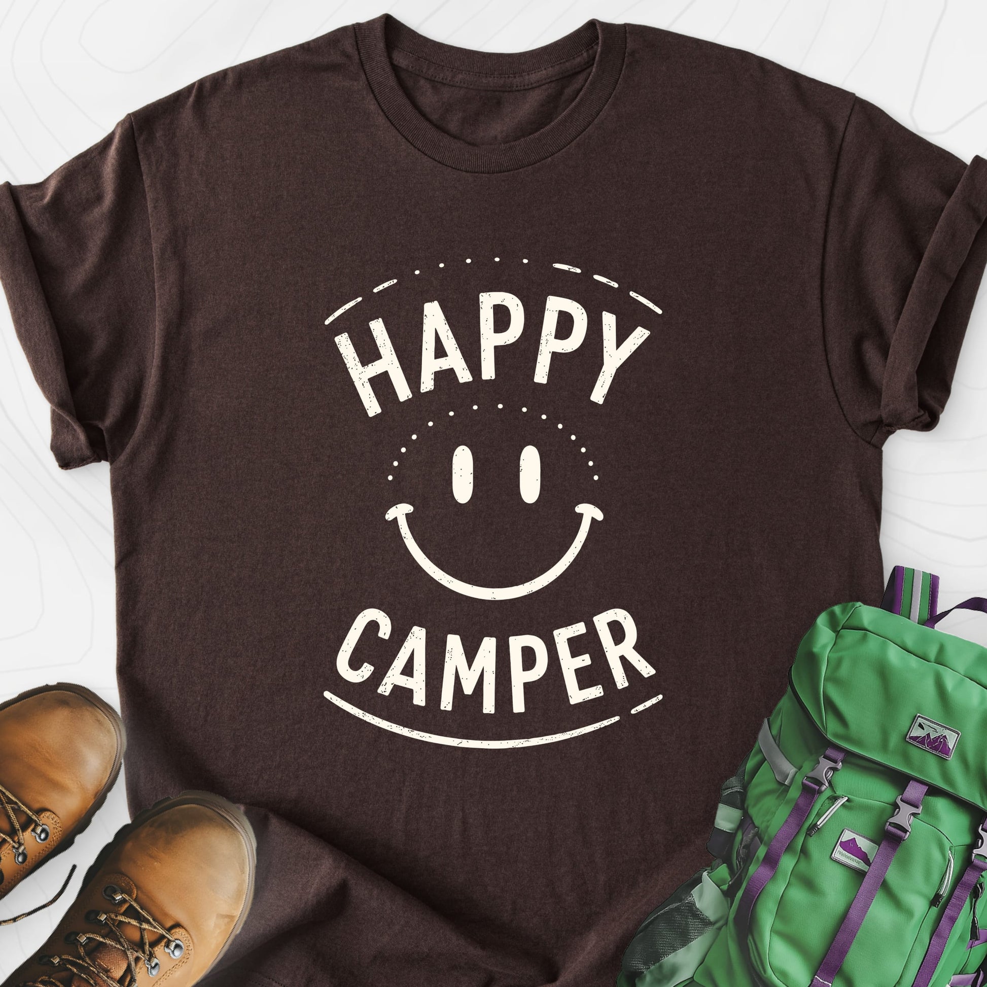Happy Camper Smile Dark Chocolate front print lightweight T-shirt