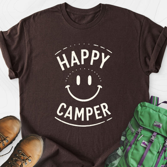 Happy Camper Smile Dark Chocolate front print lightweight T-shirt