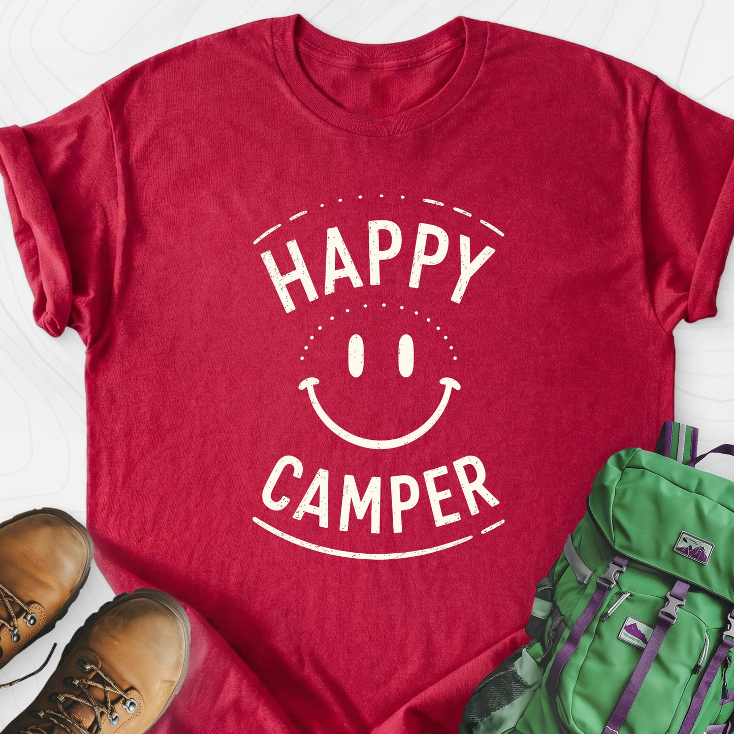 Happy Camper Smile Heather Red front print lightweight T-shirt
