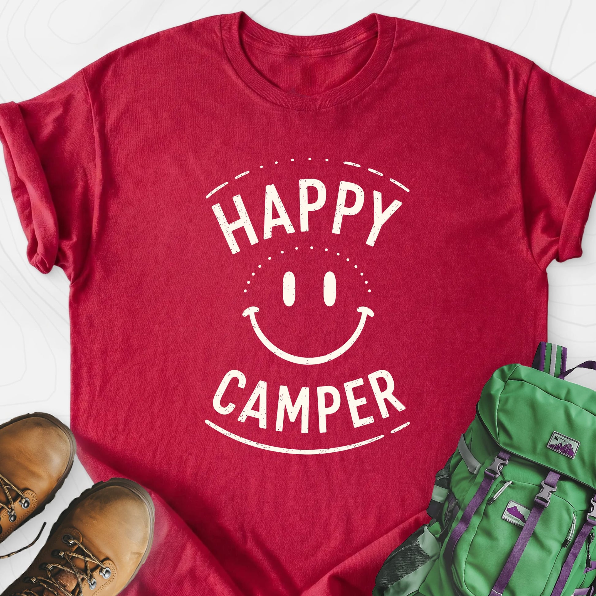 Happy Camper Smile Heather Red front print lightweight T-shirt