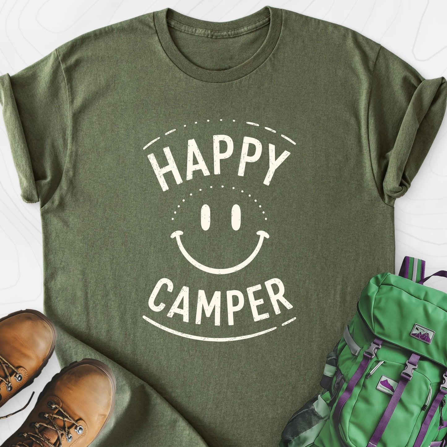 Happy Camper Smile Military Green front print lightweight T-shirt