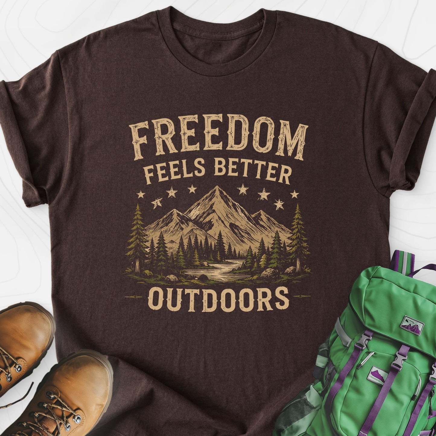 Freedom Outdoors Dark Chocolate front print lightweight T-shirt