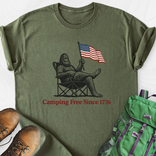 Camping Free Military Green front print lightweight T-shirt