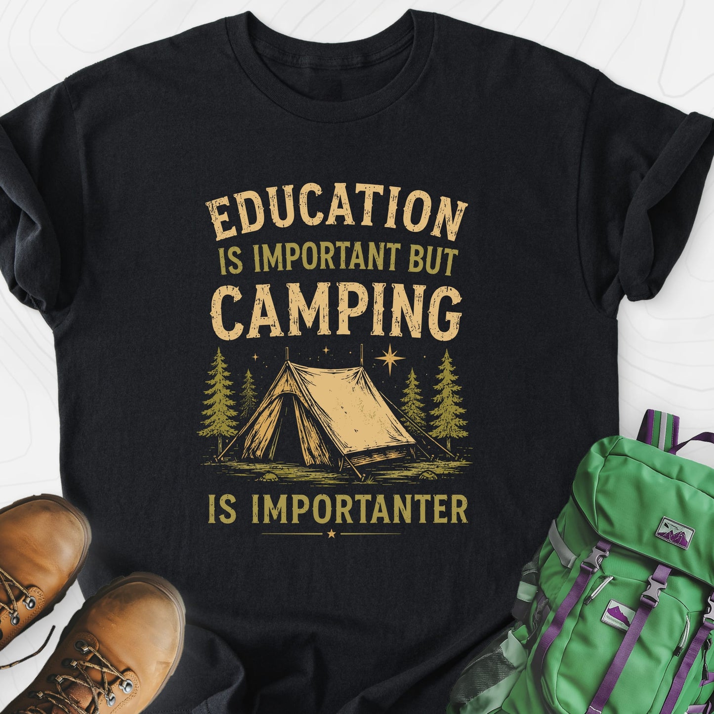 Camping Education Black front print lightweight T-shirt