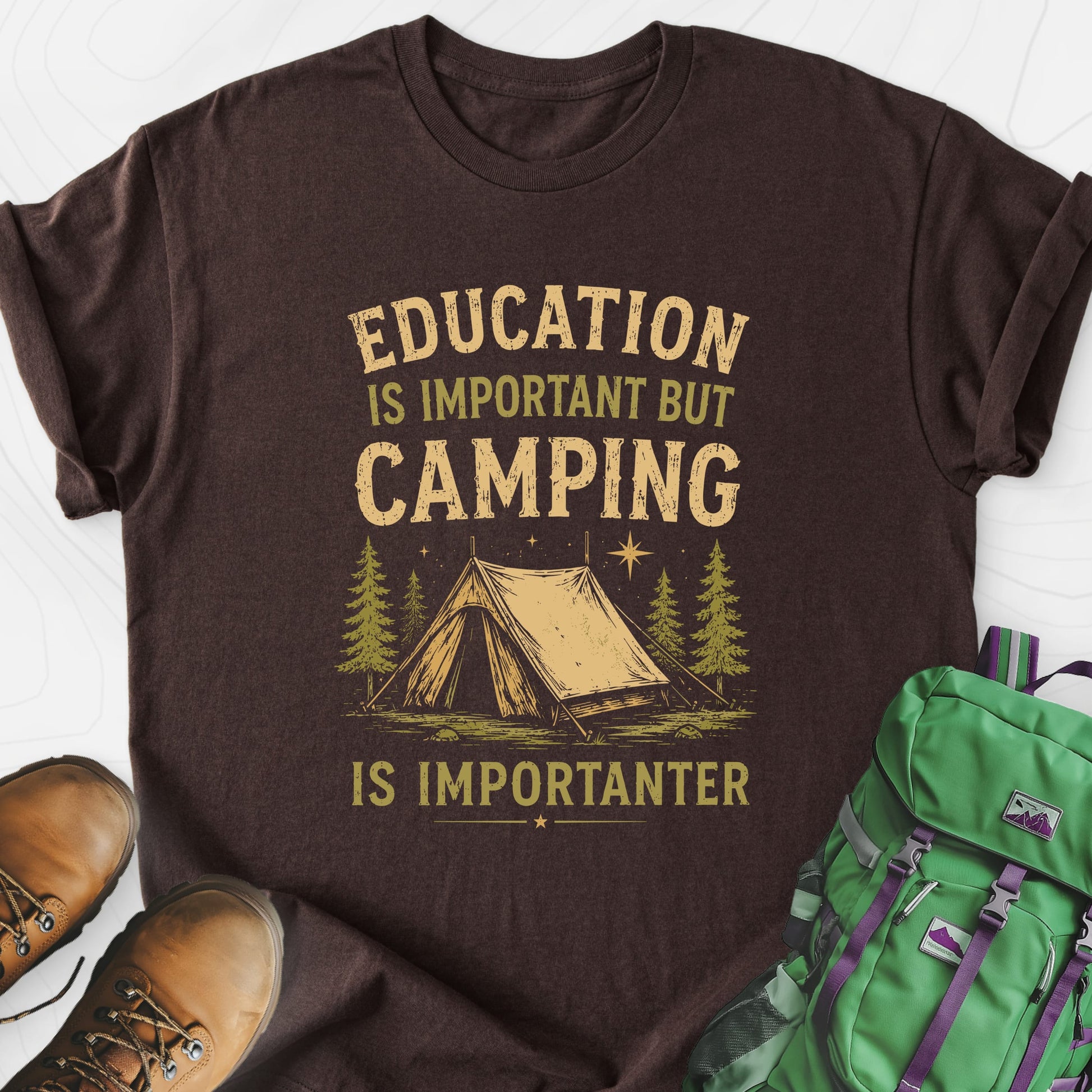 Camping Education Dark Chocolate front print lightweight T-shirt