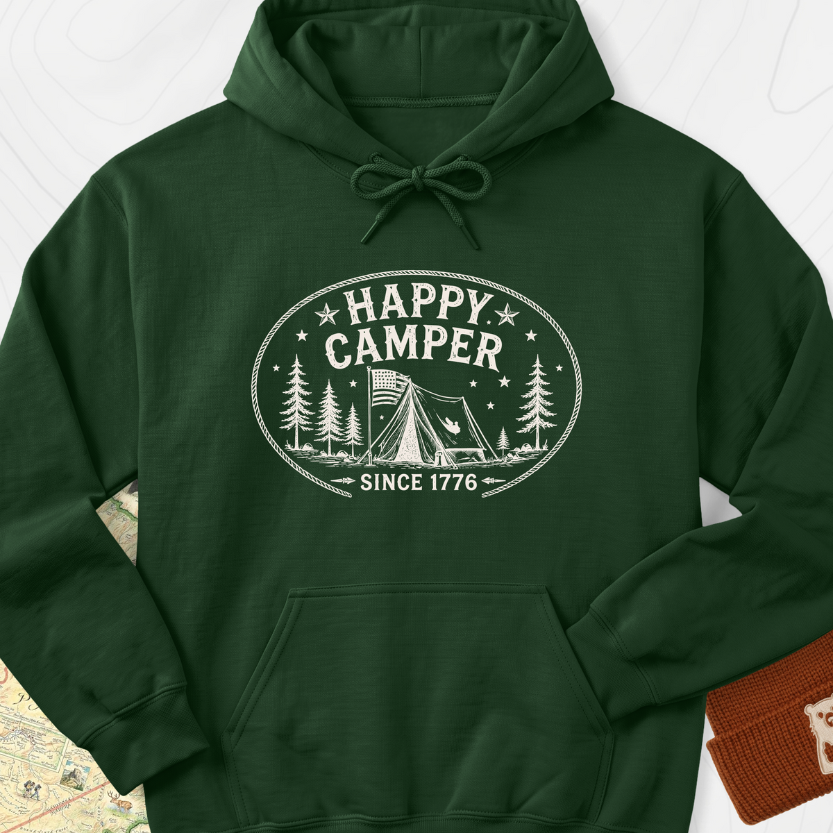 Happy Camper Badge Hoodie - Forest Green