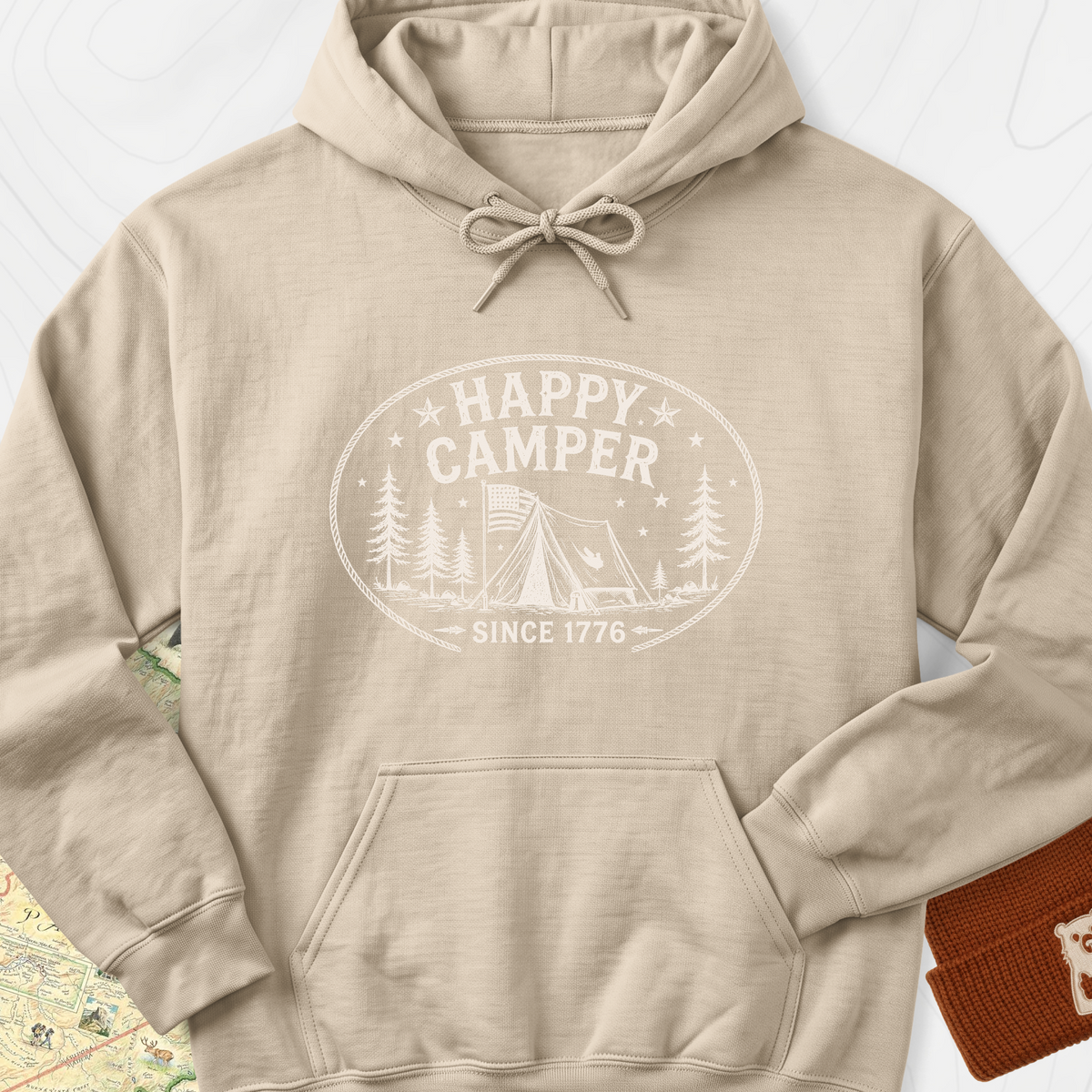 Happy Camper Badge Hoodie - Sand
