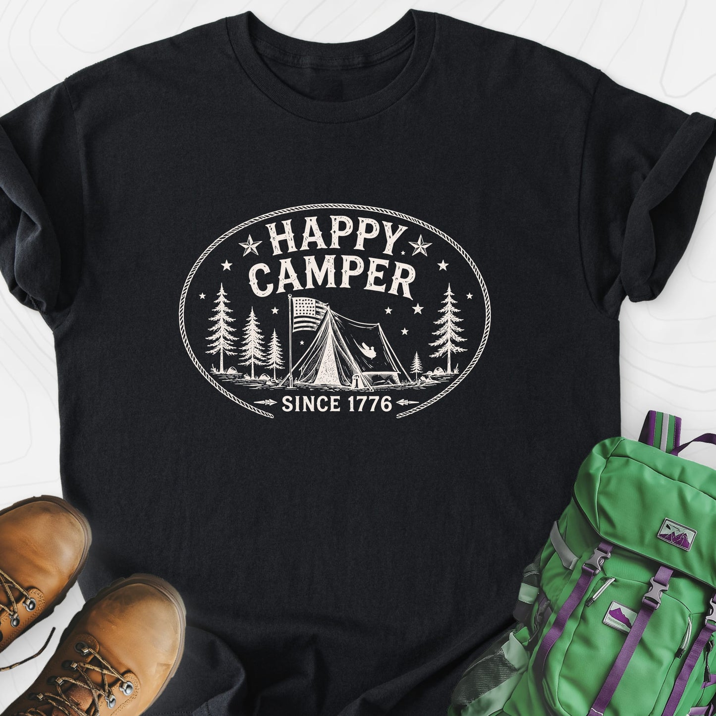Happy Camper Badge Black front print lightweight T-shirt