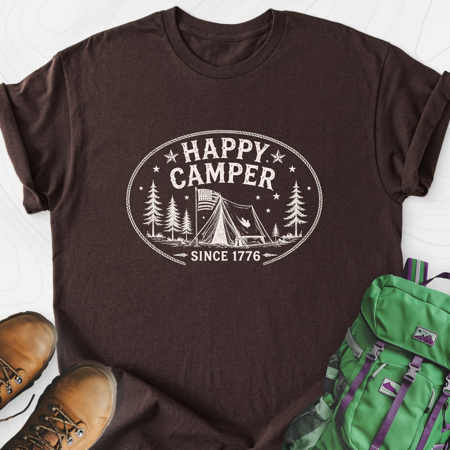 Happy Camper Badge Dark Chocolate front print lightweight T-shirt