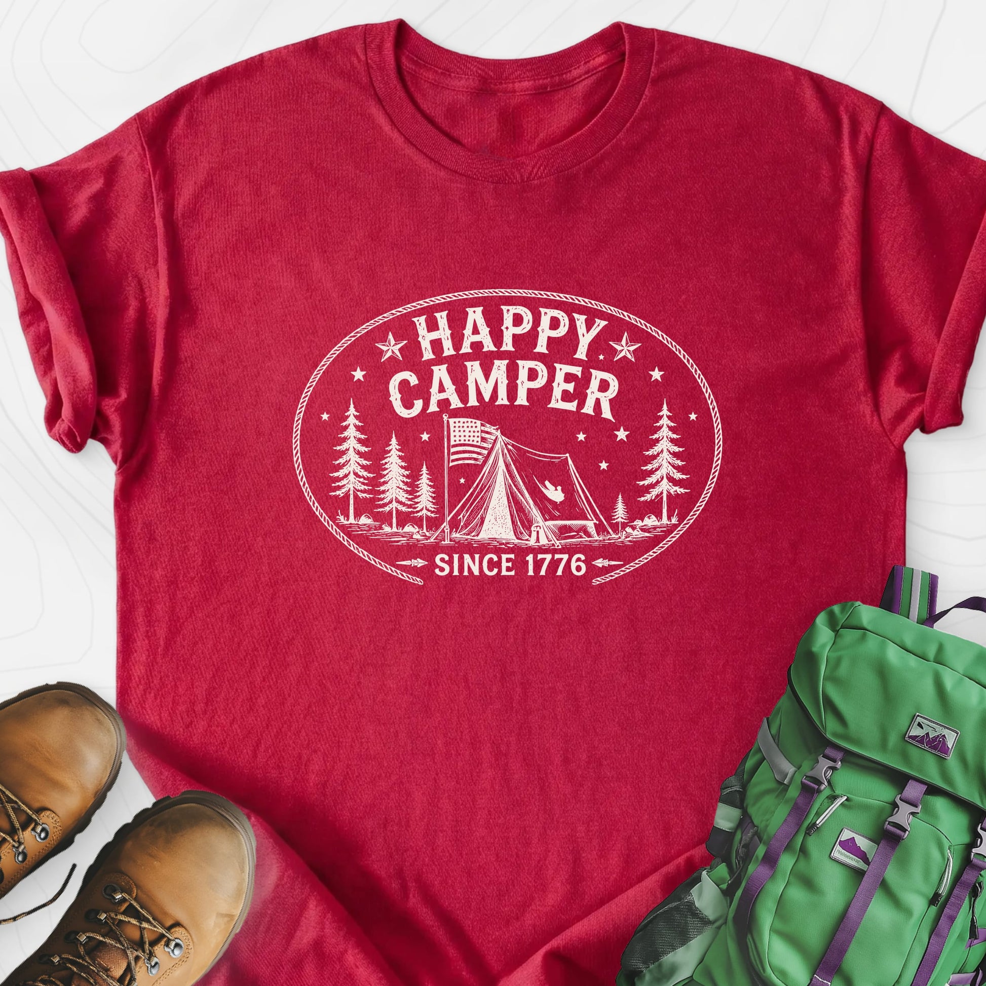 Happy Camper Badge Heather Red front print lightweight T-shirt