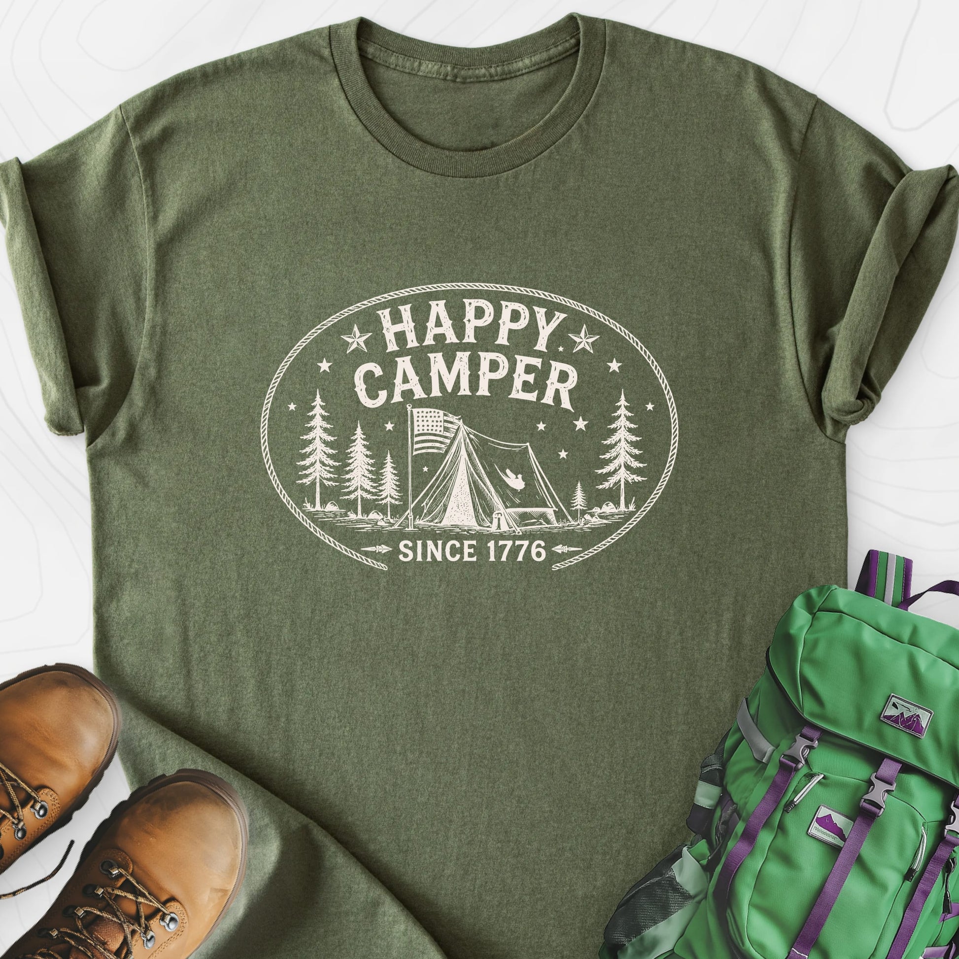Happy Camper Badge Military Green front print lightweight T-shirt