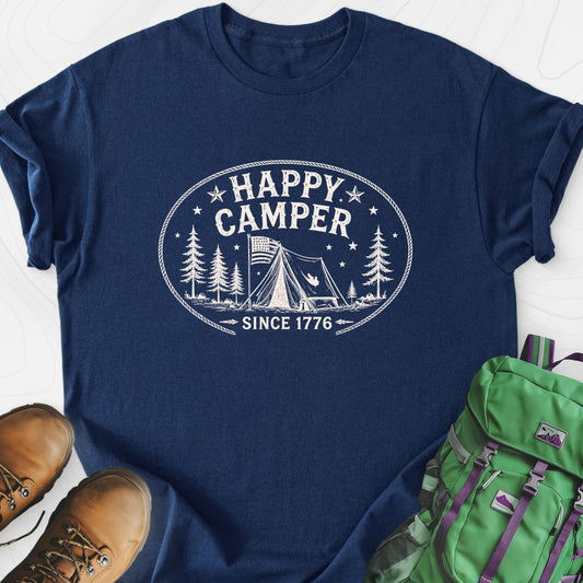Happy Camper Badge Navy front print lightweight T-shirt