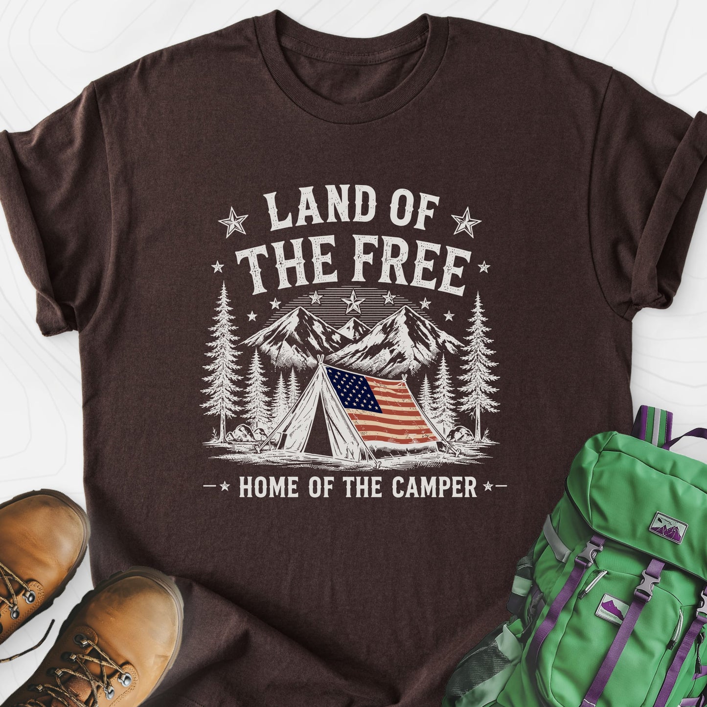 Land of the Camper Dark Chocolate front print lightweight T-shirt