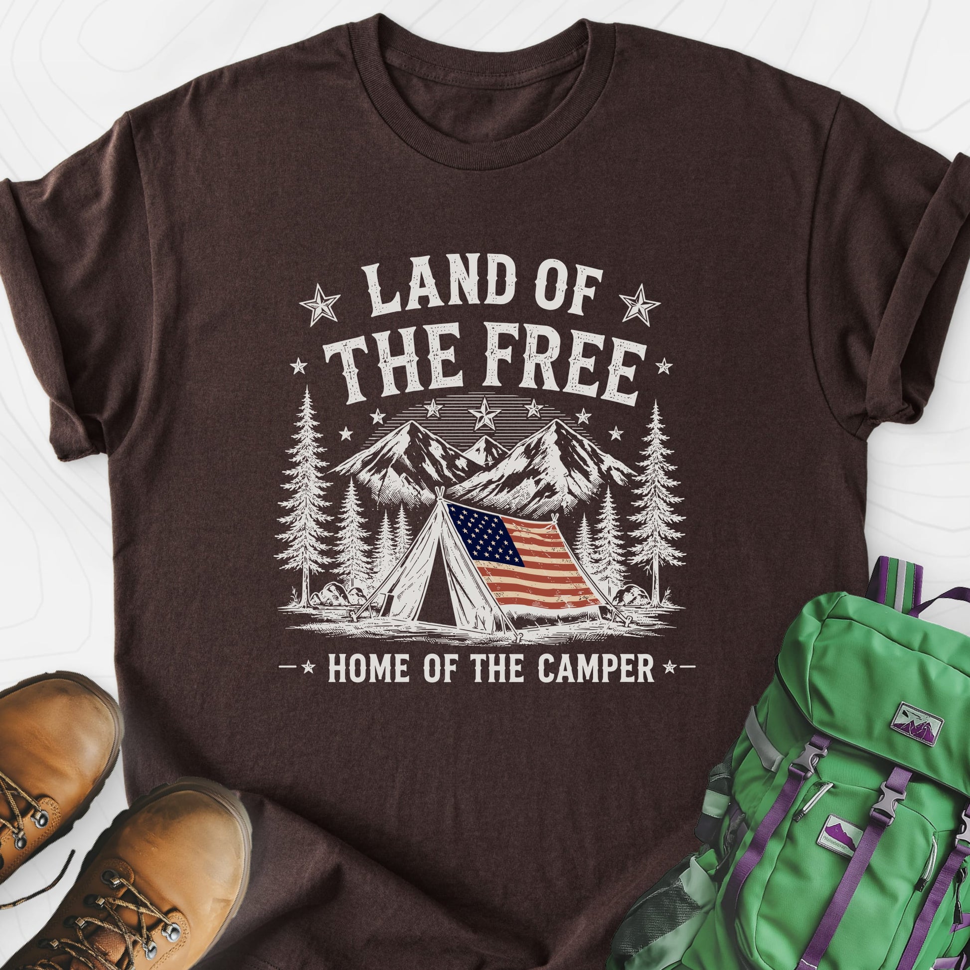 Land of the Camper Dark Chocolate front print lightweight T-shirt
