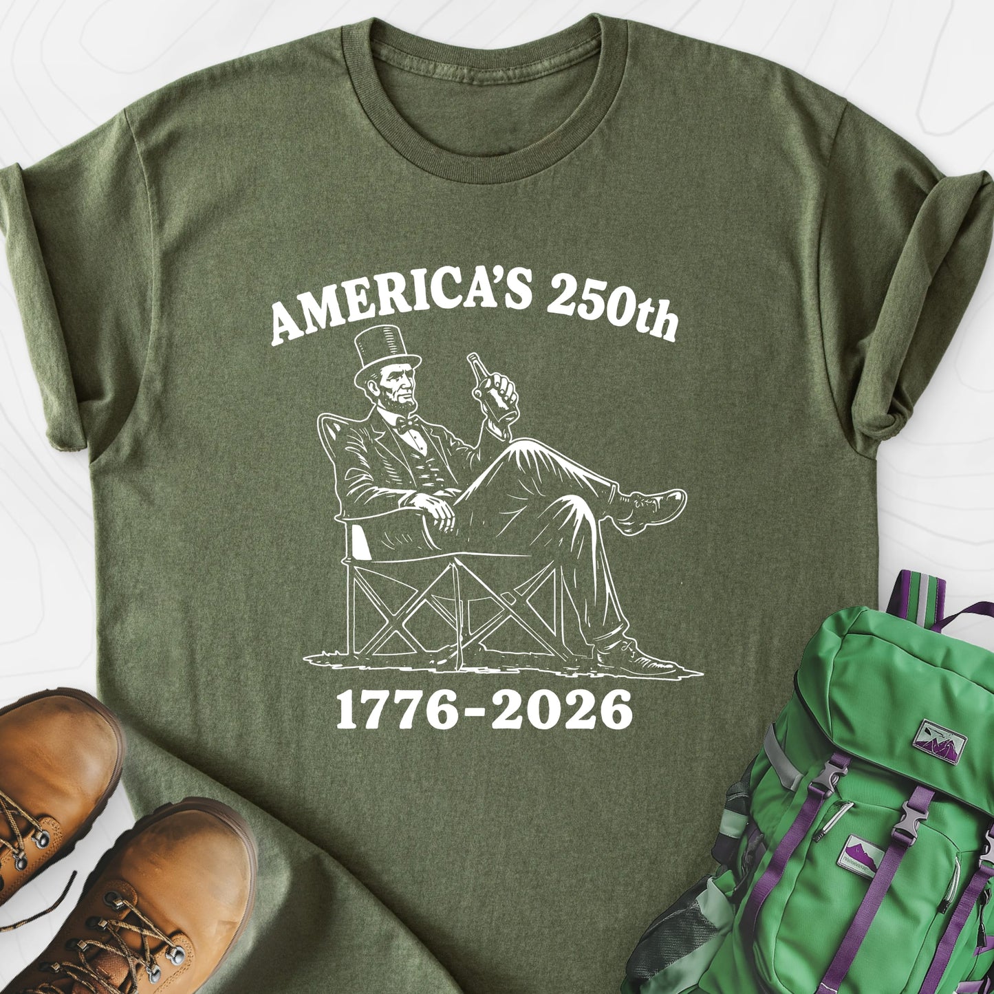 America’s 250th Lincoln Military Green front print lightweight T-shirt