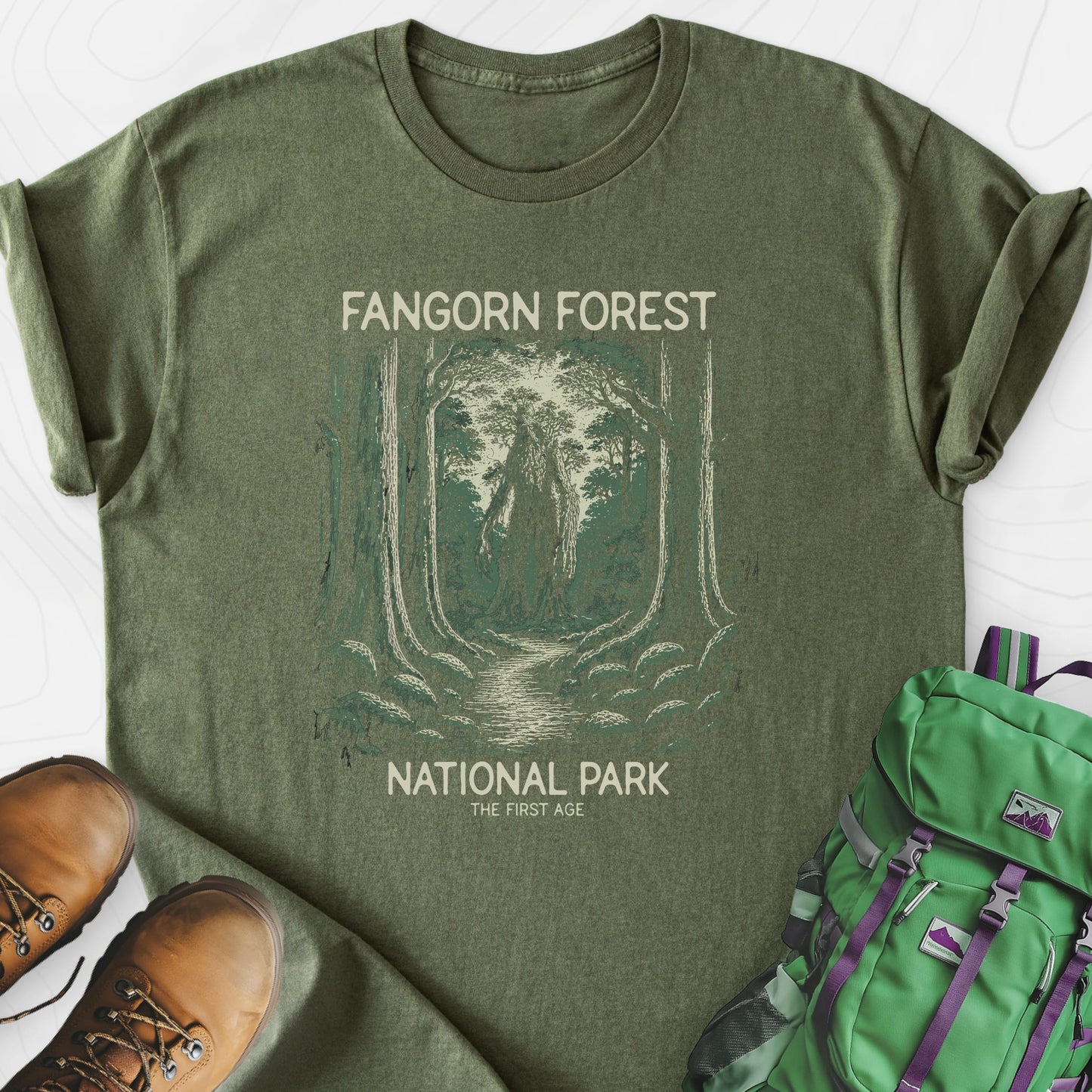 Fangorn Forest Military Green front print lightweight T-shirt