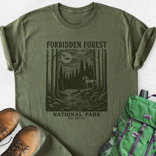 Forbidden Forest Military Green front print lightweight T-shirt