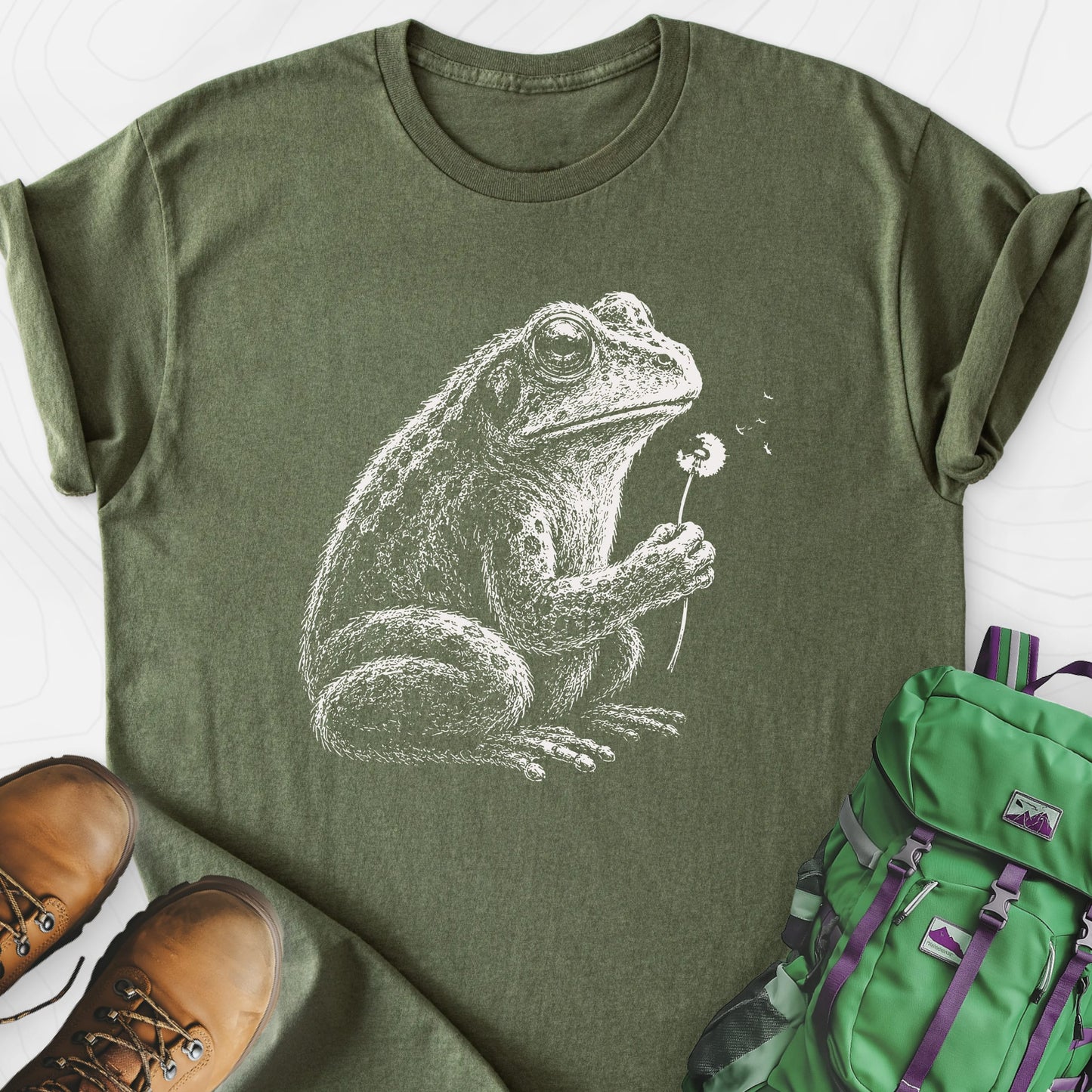 Frog Wish Military Green front print lightweight T-shirt