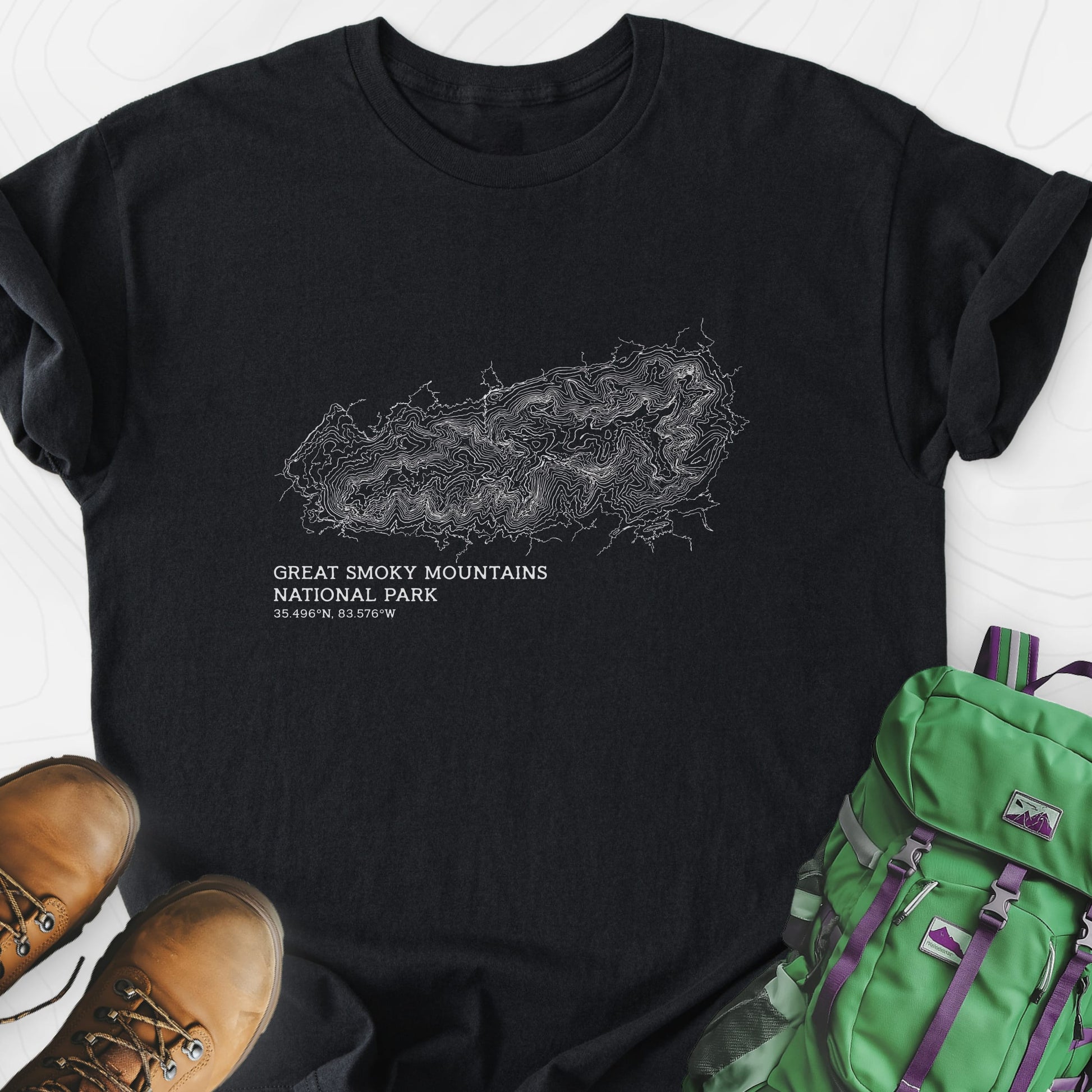 Smoky Mountains Topo Black front print lightweight T-shirt