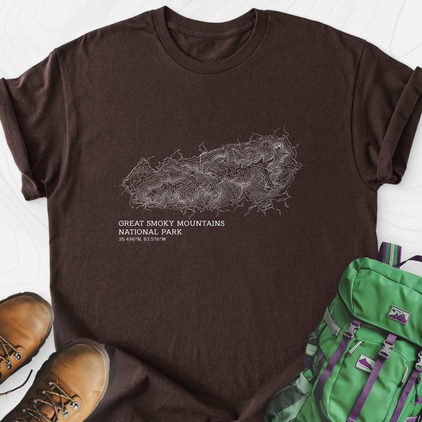 Smoky Mountains Topo Dark Chocolate front print lightweight T-shirt