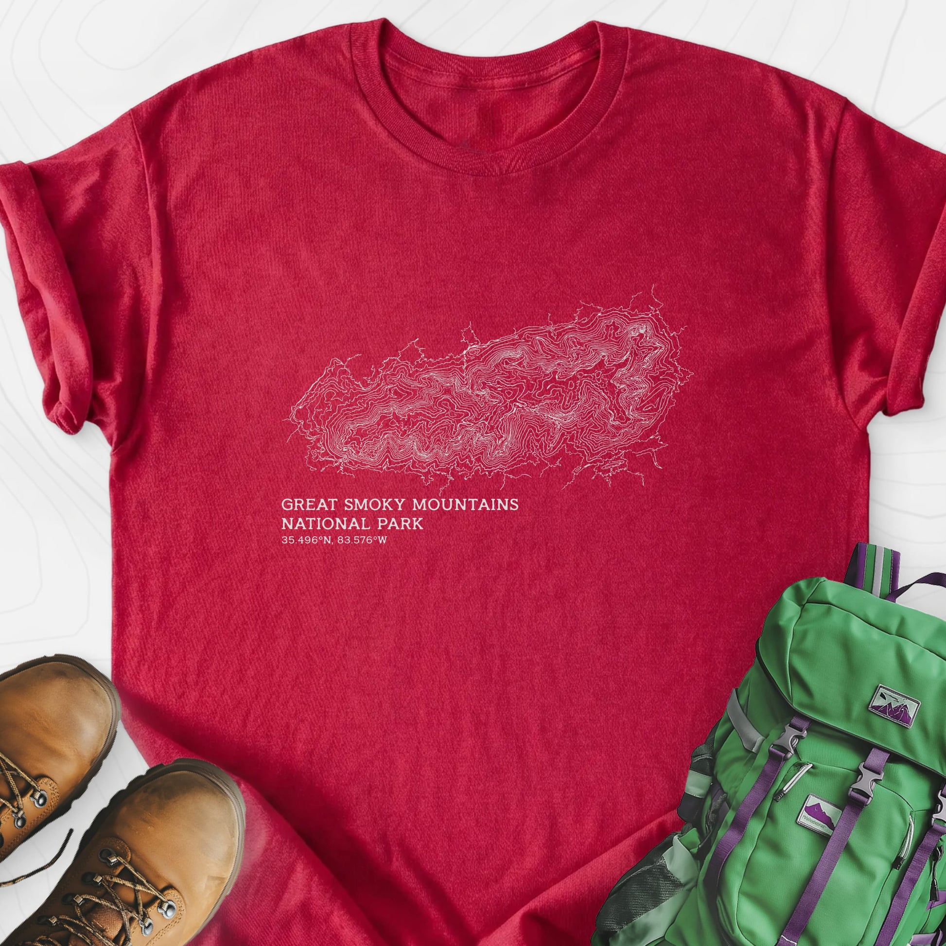 Smoky Mountains Topo Heather Red front print lightweight T-shirt