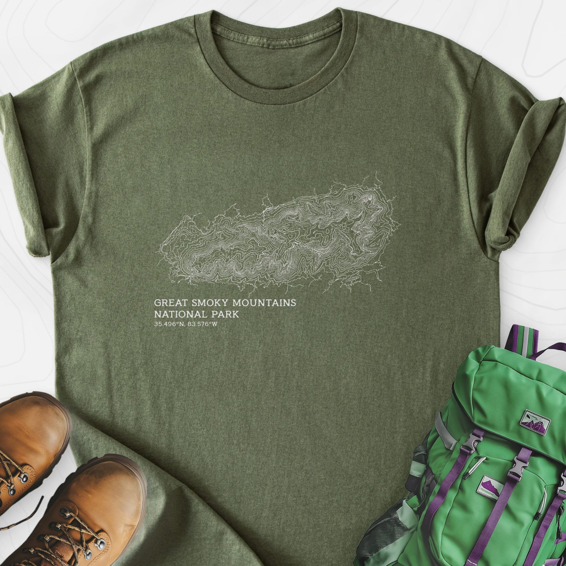Smoky Mountains Topo Military Green front print lightweight T-shirt