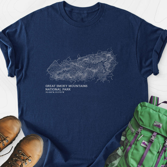 Smoky Mountains Topo Navy front print lightweight T-shirt