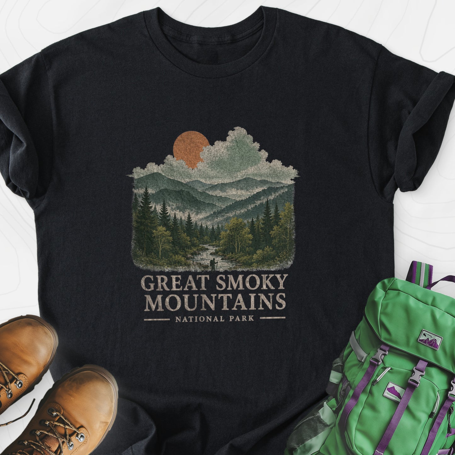 Smoky Mountain View Black front print lightweight T-shirt