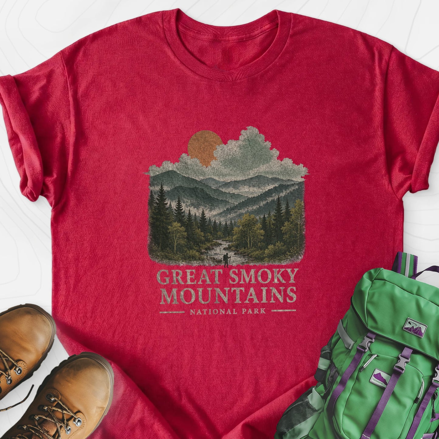 Smoky Mountain View Heather Red front print lightweight T-shirt