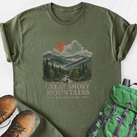 Smoky Mountain View Military Green front print lightweight T-shirt