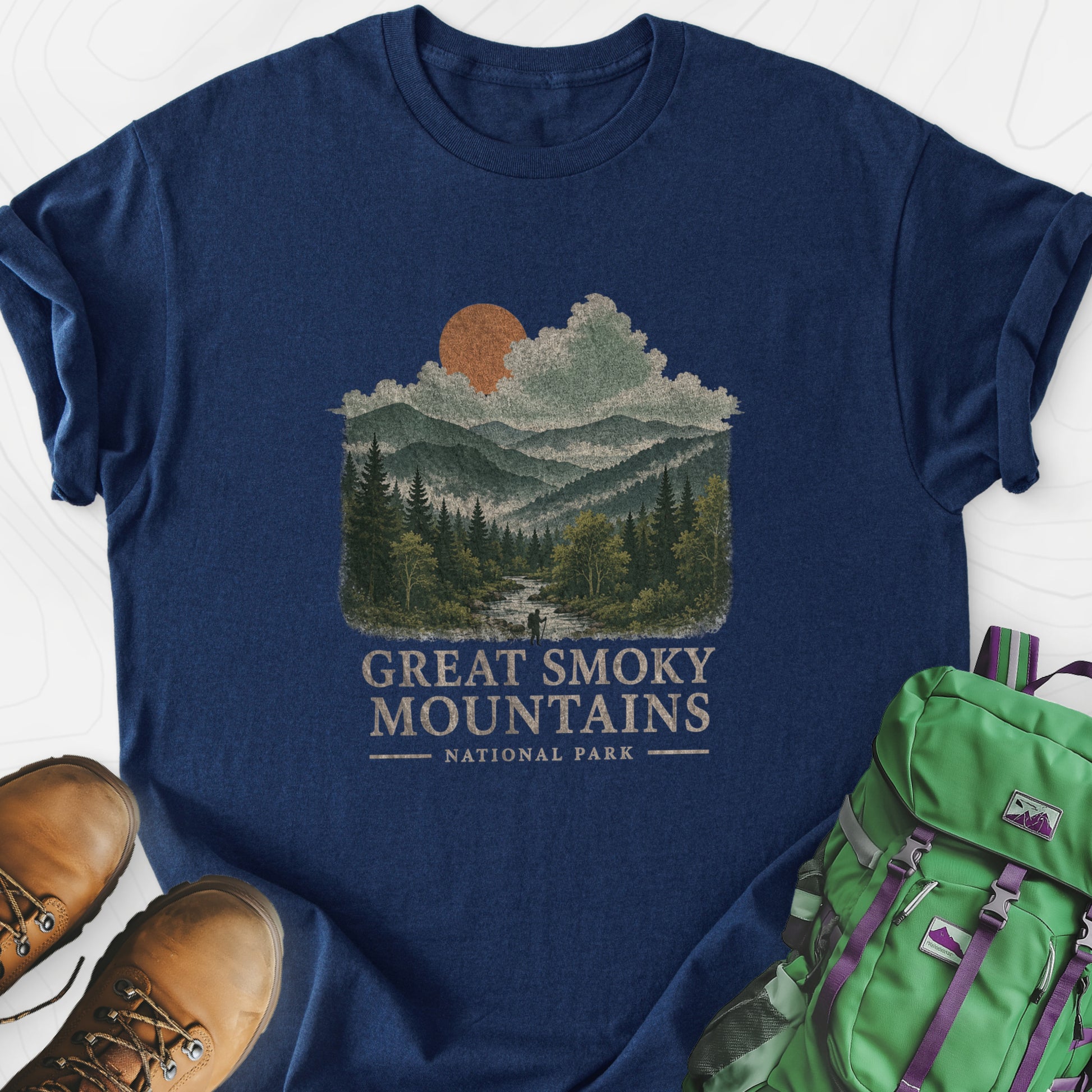 Smoky Mountain View Navy front print lightweight T-shirt